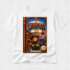 A white kids' t-shirt featuring a large graphic print of a children's book titled 'The Fireman Adventure' by Lucas. The graphic shows a cartoon firefighter boy in a helmet with a fire truck and city background.