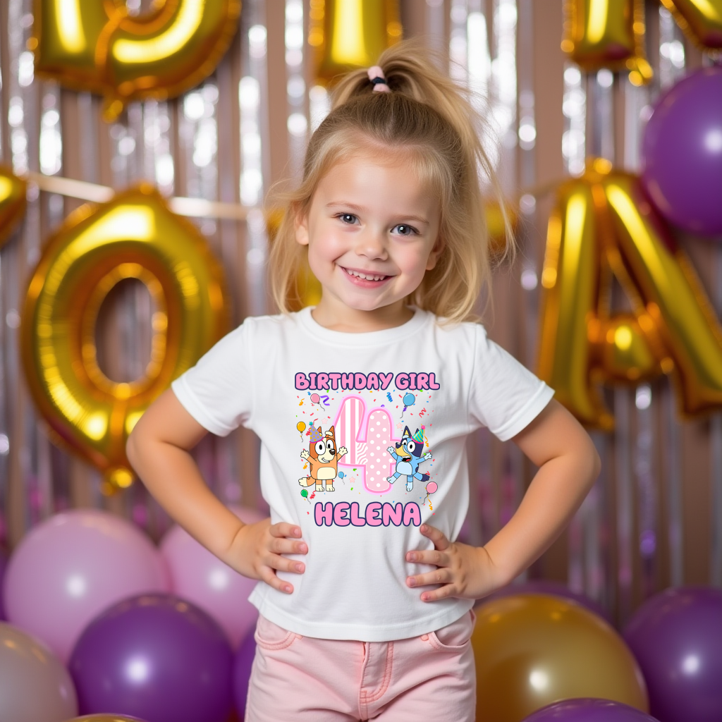 Young girl wearing a 'Birthday Girl' shirt with colorful graphics and text, standing in front of balloons and decorative letters.