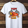 White t-shirt with a colorful graphic design on a wooden background