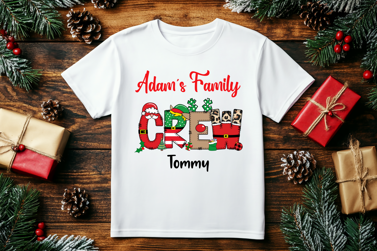 Family wearing Custom Christmas Crew matching holiday tees