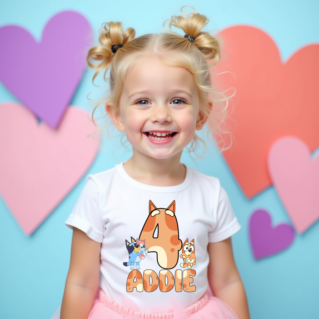 Bluey inspired kids birthday party shirt personalized with name and age