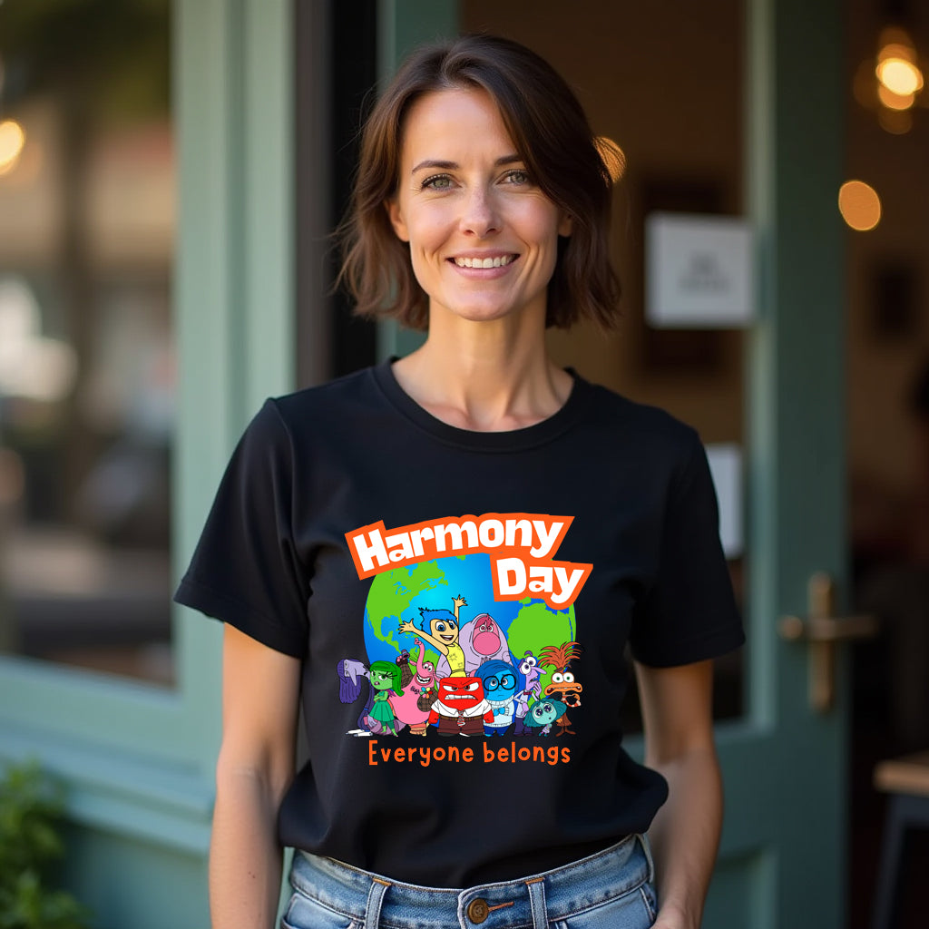 Woman wearing a black t-shirt with 'Harmony Day' design, standing outside a building.