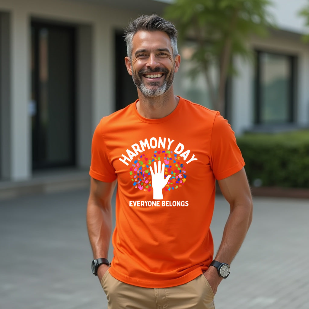Man wearing an orange 'Harmony Day Everyone Belongs' t-shirt outdoors.
