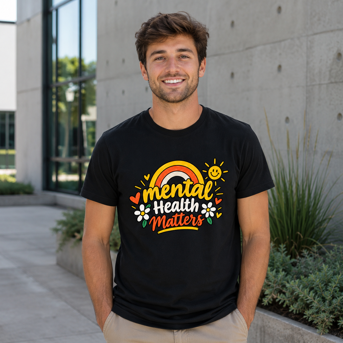 A smiling man wearing a black graphic t-shirt with a colorful 'mental health matters' design, standing outdoors in front of a modern concrete building.
