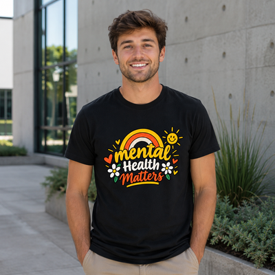A smiling man wearing a black graphic t-shirt with a colorful 'mental health matters' design, standing outdoors in front of a modern concrete building.