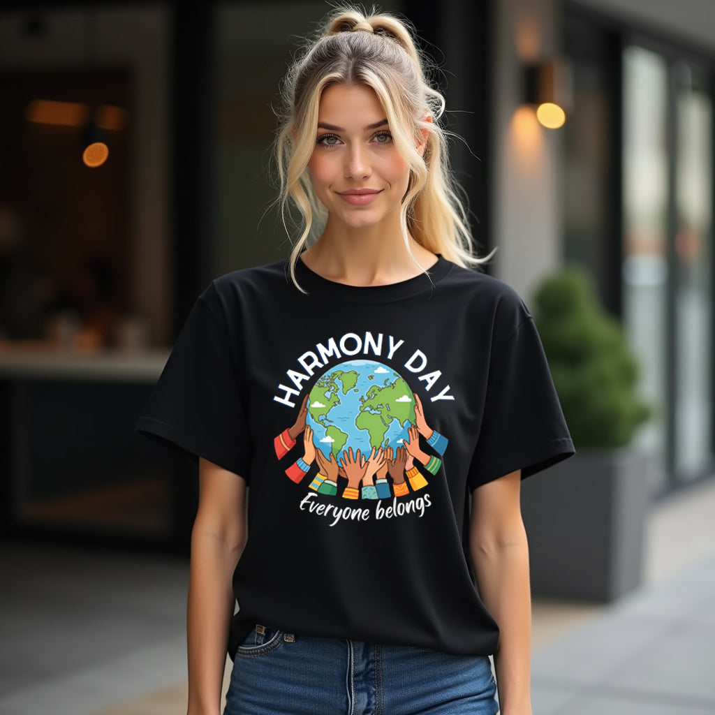 Woman wearing a black t-shirt with 'Harmony Day Everyone belongs' design outdoors.