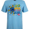 Light blue t-shirt with colorful flower design and text on a white background