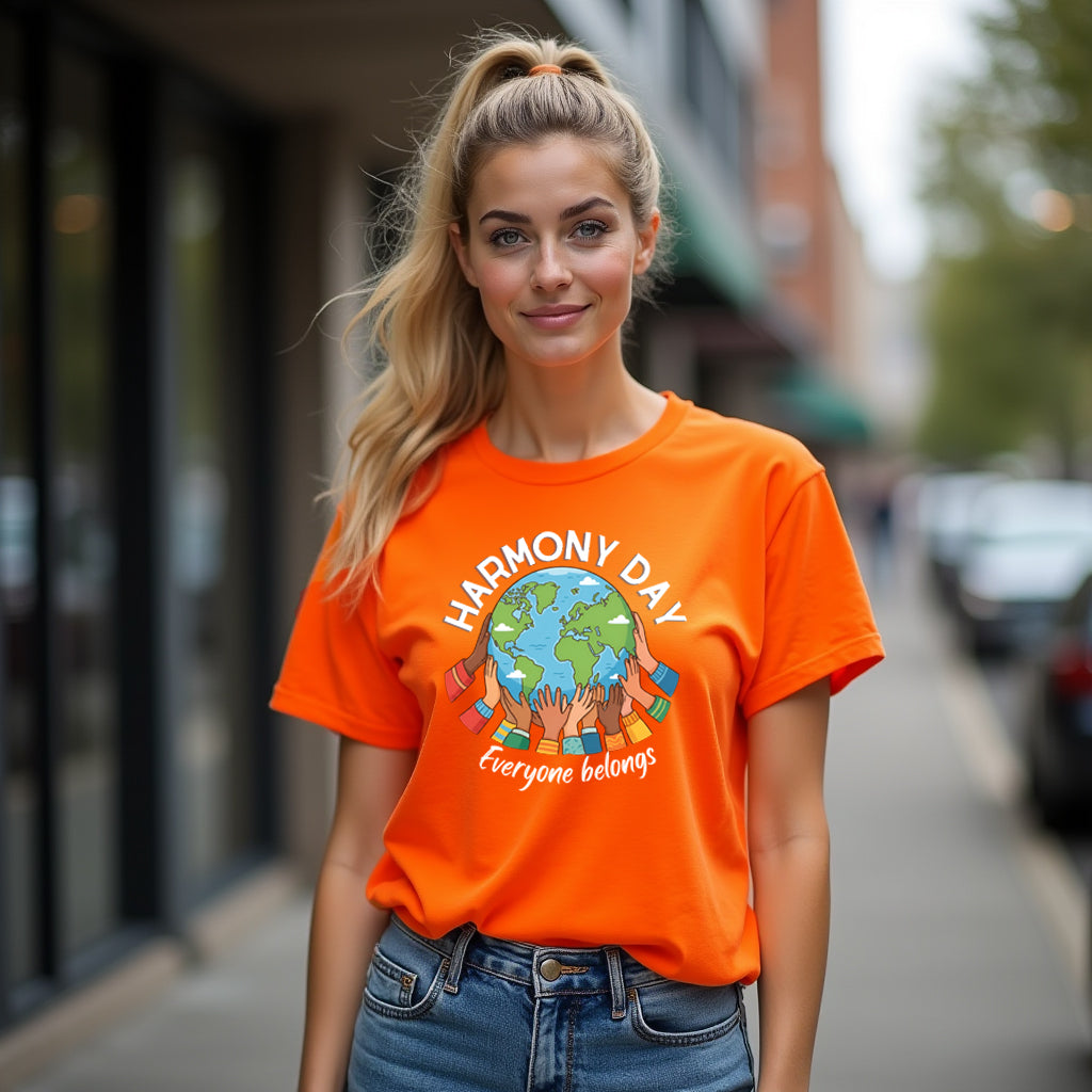 Woman wearing an orange 'Harmony Day' t-shirt on a city street.