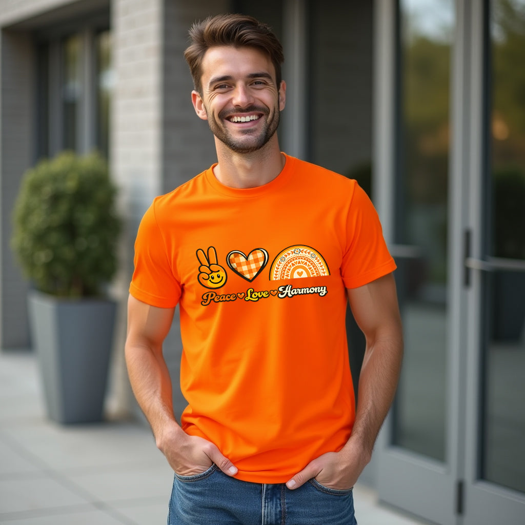Man wearing an orange t-shirt with peace, love, and harmony design outdoors.