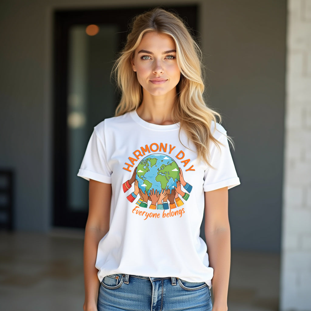 Woman wearing a white t-shirt with 'Harmony Day Everyone belongs' design.