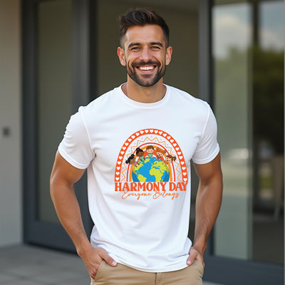 Man wearing a white t-shirt with 'Harmony Day Everyone Belongs' design outdoors.
