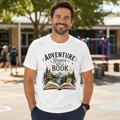 A smiling man wearing a white graphic t-shirt with a 'Adventure Begins with a Book' design, standing in an outdoor schoolyard setting.
