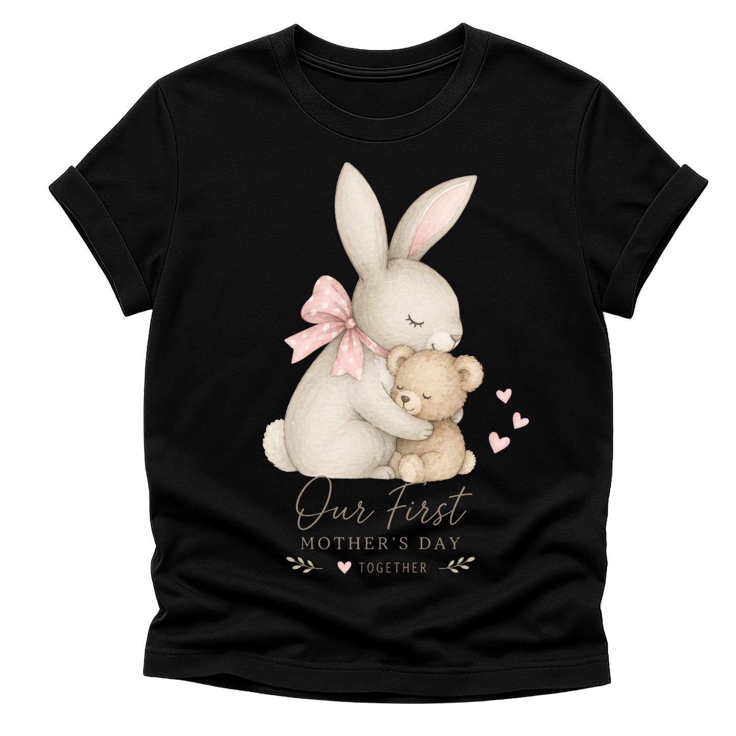 Black t-shirt with a bunny and teddy bear graphic and 'Our First Mother's Day Together' text.
