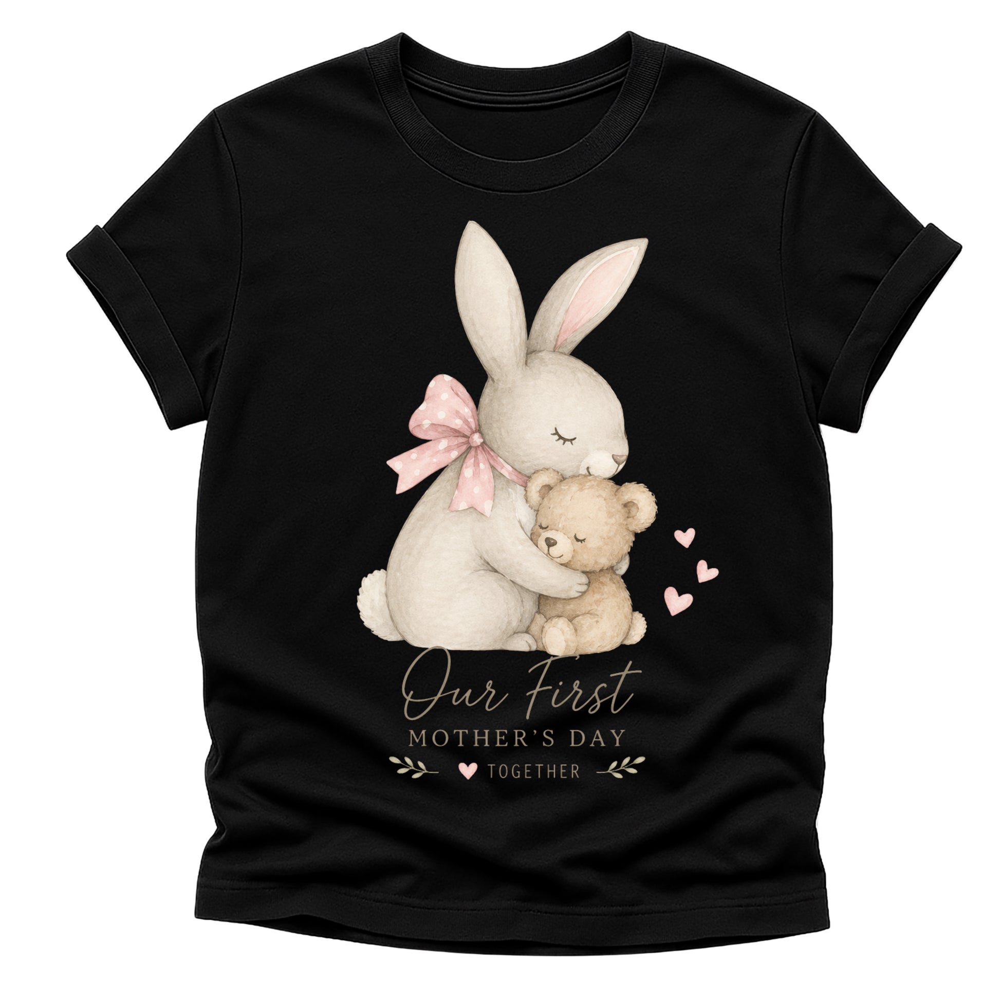 Black t-shirt with a bunny and teddy bear graphic and 'Our First Mother's Day Together' text.