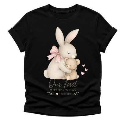 Black t-shirt with a bunny and teddy bear graphic and 'Our First Mother's Day Together' text.