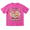 Pink t-shirt with cartoon coffee cups and 'Our First Mother's Day Together' text on a white background
