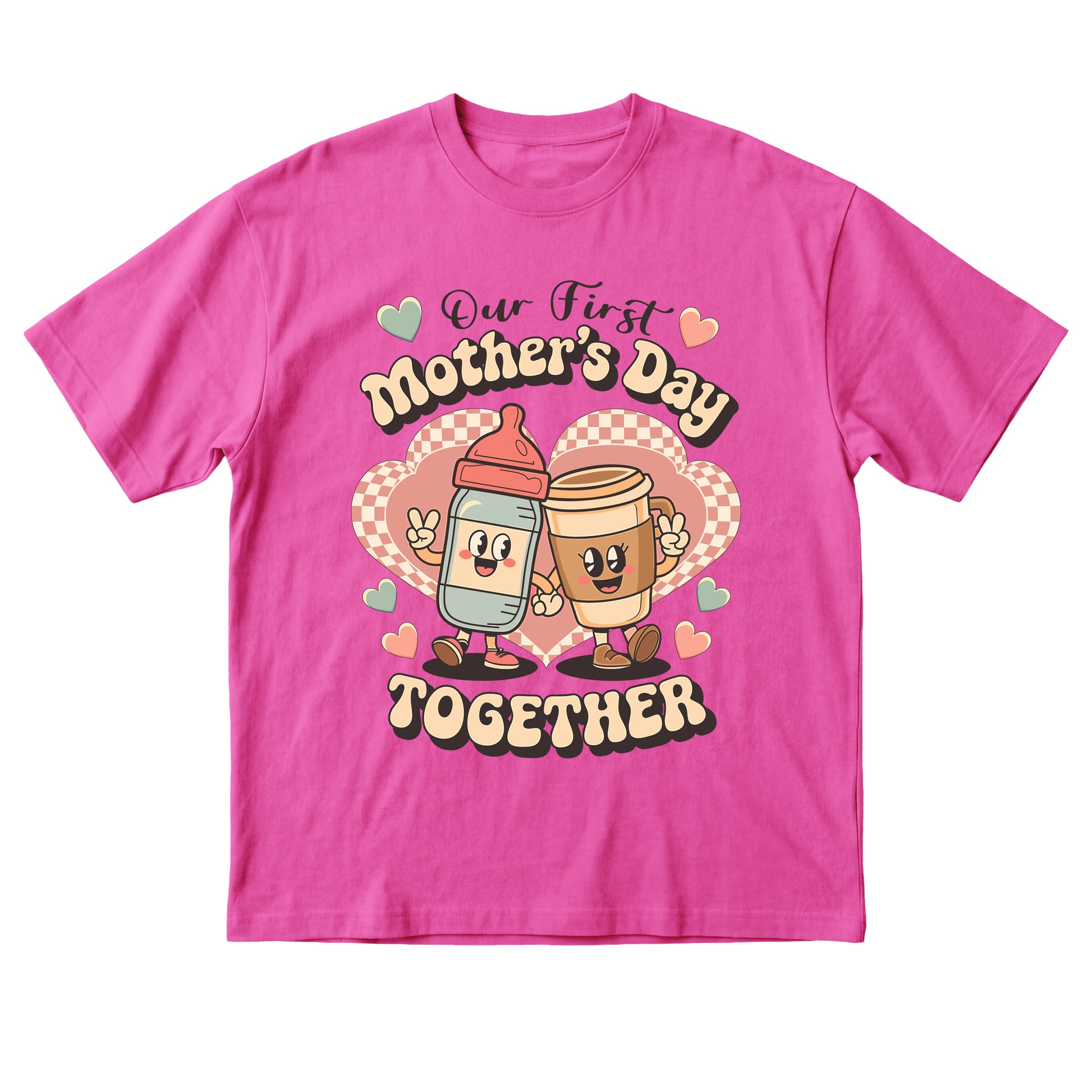 Pink t-shirt with cartoon coffee cups and 'Our First Mother's Day Together' text on a white background