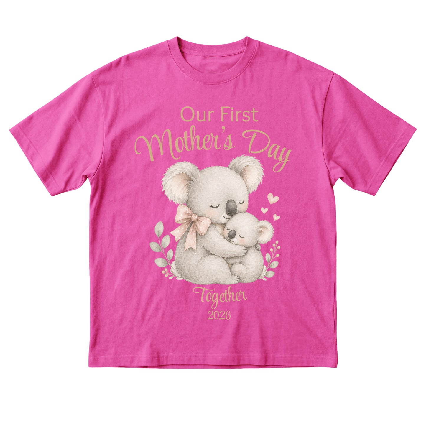 Pink t-shirt with a koala design and text on a white background