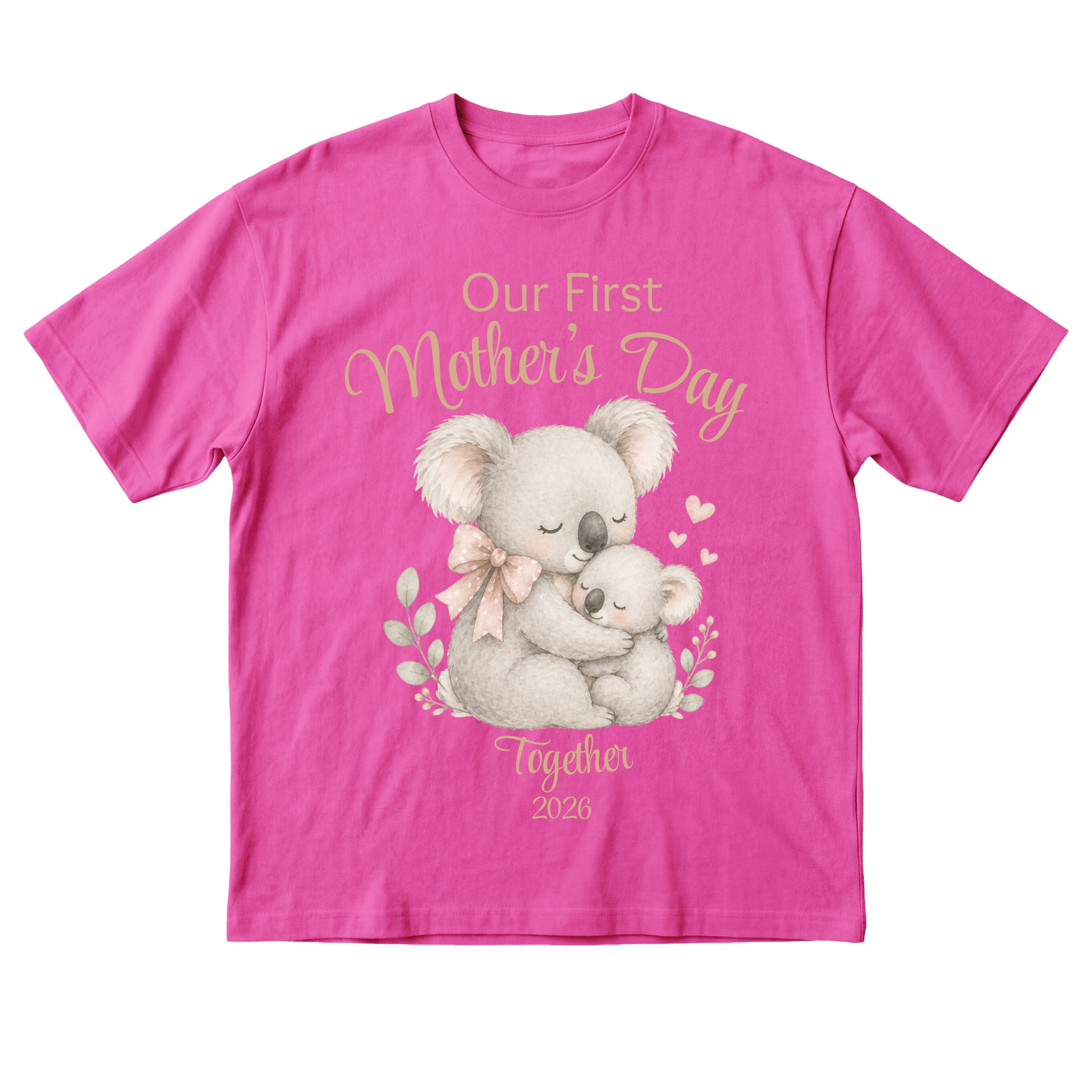 Pink t-shirt with a koala design and text on a white background