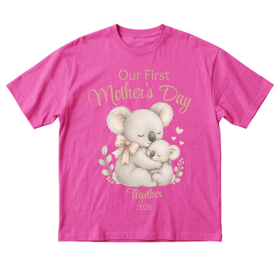 Pink t-shirt with a koala design and text on a white background