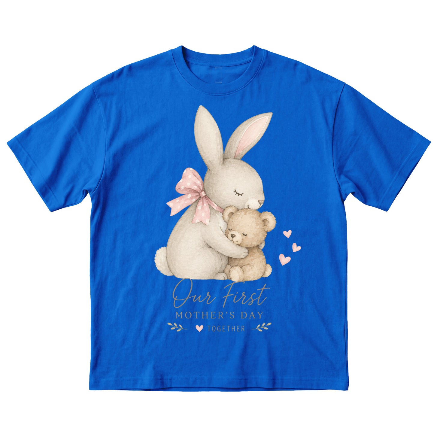Blue t-shirt with a bunny and teddy bear graphic and text on a white background
