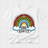 A white short-sleeve crewneck t-shirt featuring a colorful graphic of a rainbow made of hearts, with clouds and the text '100 DAYS BRIGHTER' printed on the front.