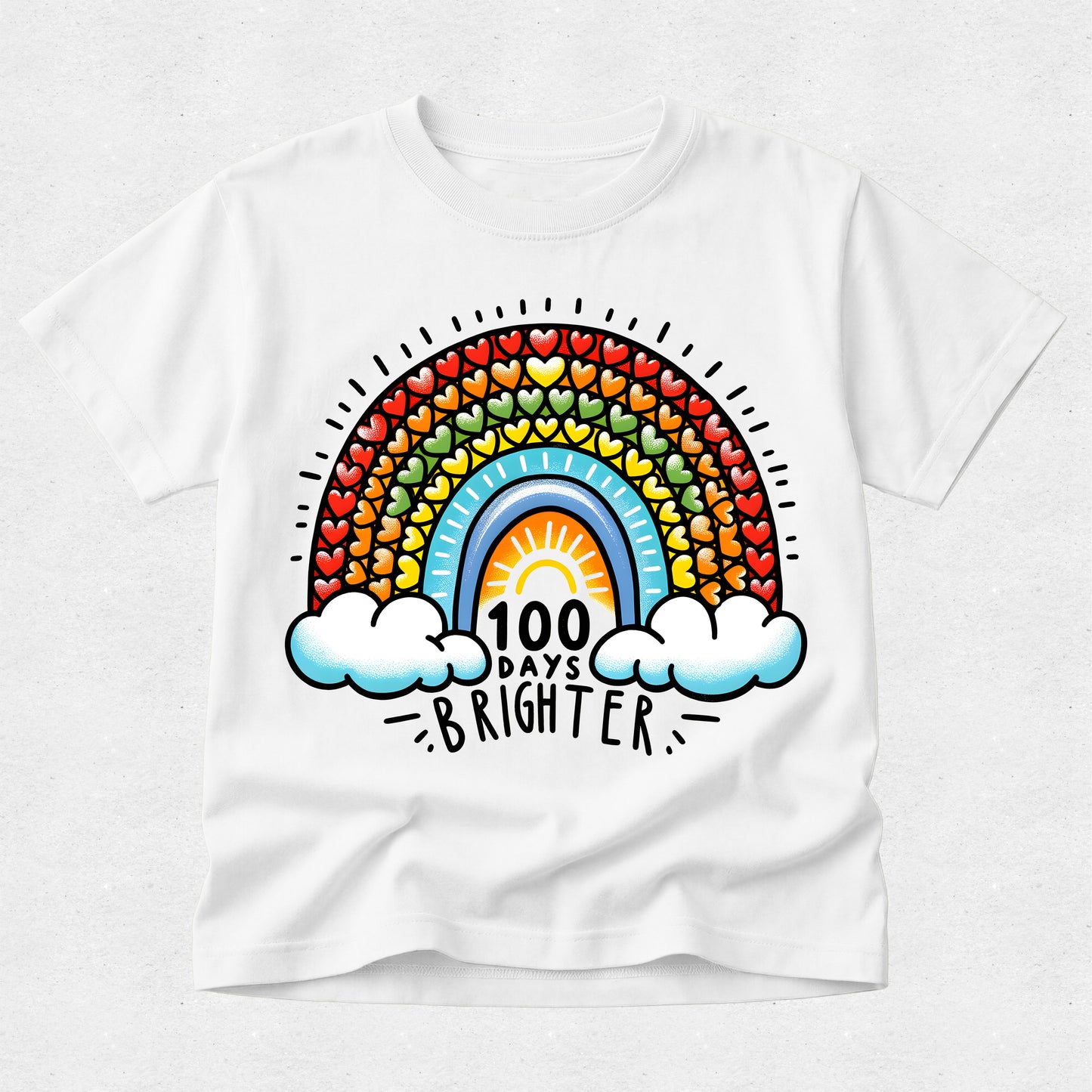 A white short-sleeve crewneck t-shirt featuring a colorful graphic of a rainbow made of hearts, with clouds and the text '100 DAYS BRIGHTER' printed on the front.