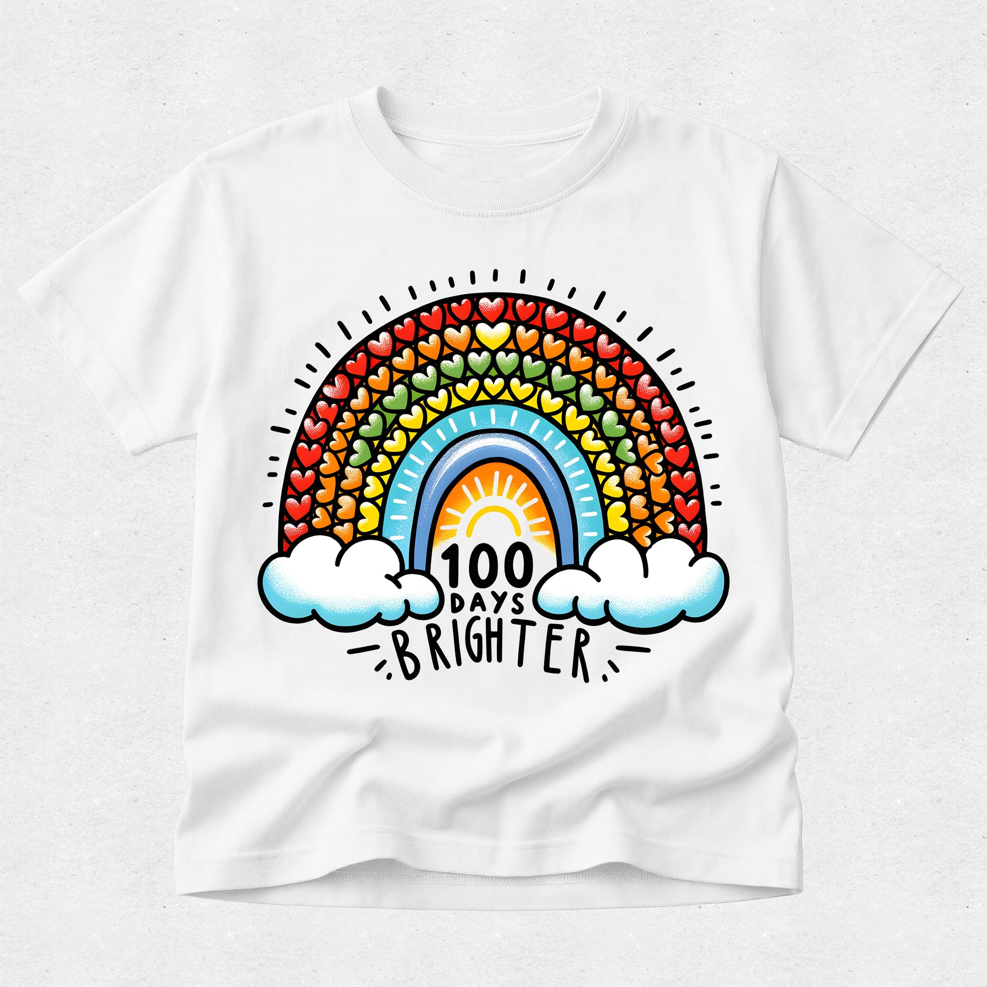 A white short-sleeve crewneck t-shirt featuring a colorful graphic of a rainbow made of hearts, with clouds and the text '100 DAYS BRIGHTER' printed on the front.