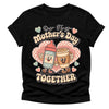 Black t-shirt with cartoon milk and coffee characters and 'Our First Mother's Day Together' text on a white background