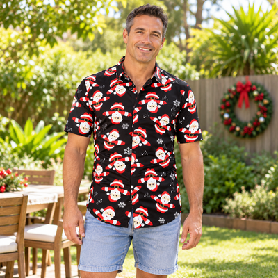 Christmas Button Up Shirt  – Black Santa