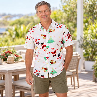 Christmas Button Up Shirt  – White Santa