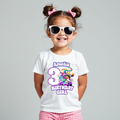 Gabby's Dollhouse inspired kids birthday t-shirt front view