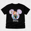 Black t-shirt with Disney character design featuring Anna and Olaf on a light gray background