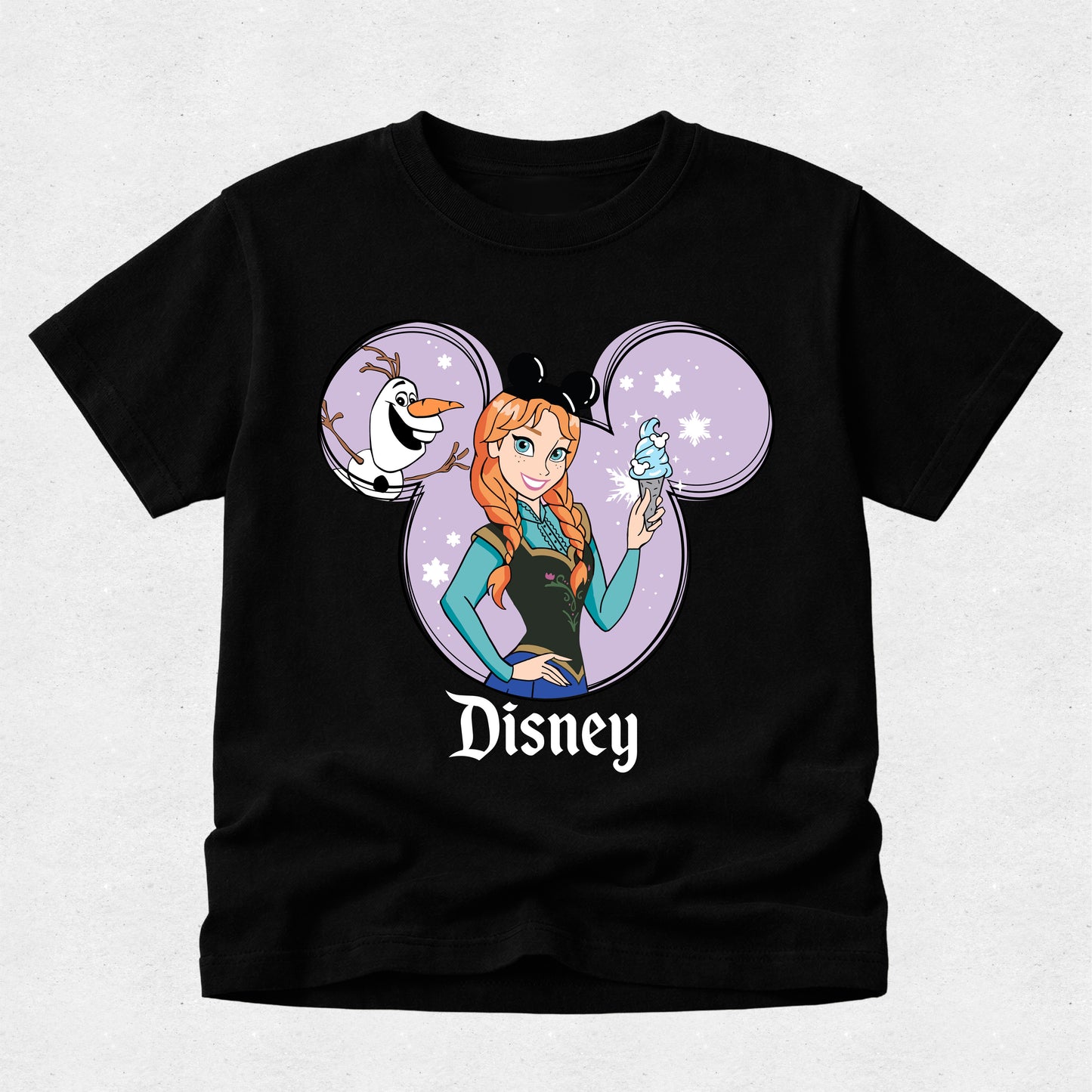 Black t-shirt with Disney character design featuring Anna and Olaf on a light gray background