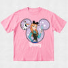 Pink t-shirt with Disney character design on a light gray background