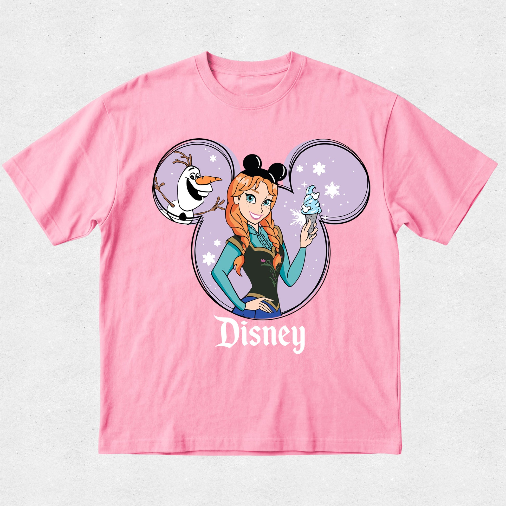 Pink t-shirt with Disney character design on a light gray background