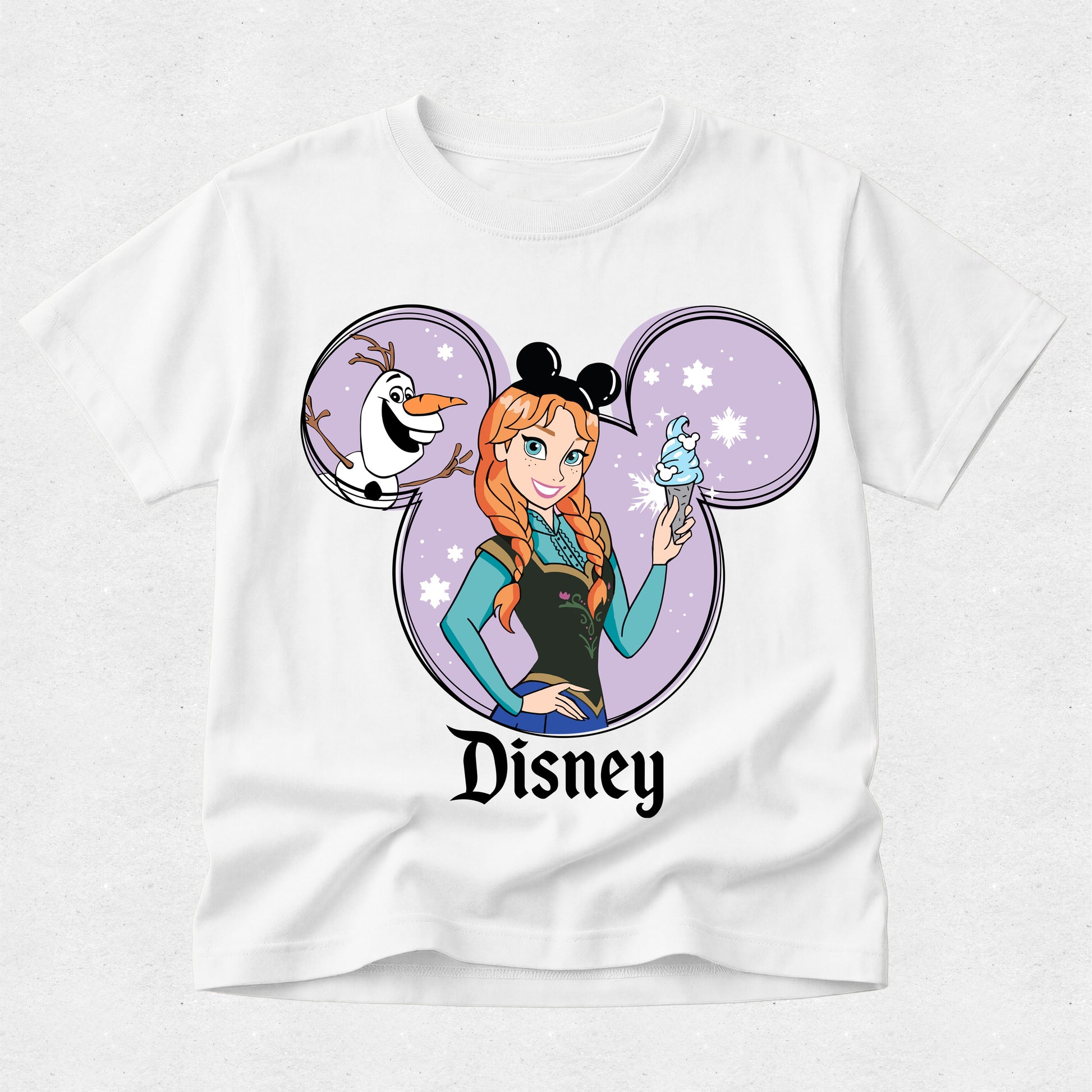 White t-shirt with Disney character design featuring Anna and Olaf, on a white background.