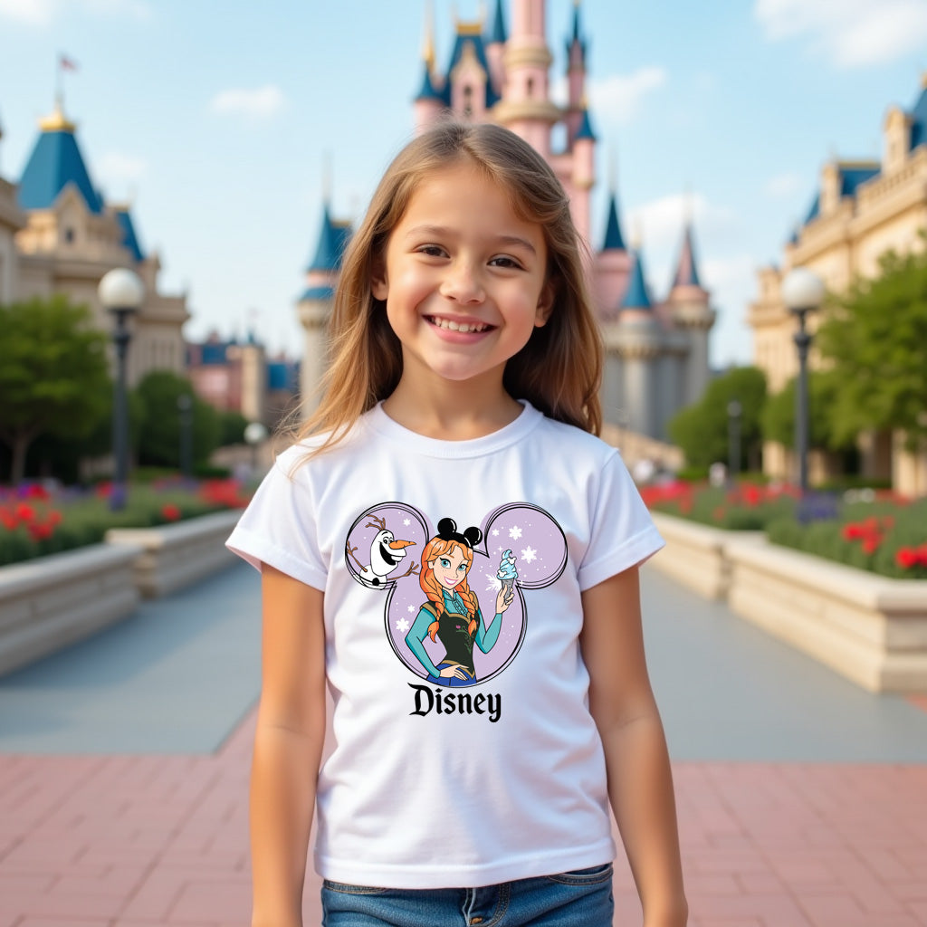 Young girl wearing a Disney-themed t-shirt in front of a castle.