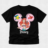 Black t-shirt with Disney character design featuring Ariel and Minnie Mouse ears on a light gray background