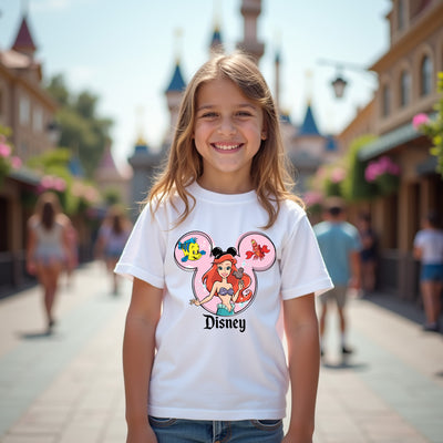 Young girl wearing a Disney-themed t-shirt with a castle in the background