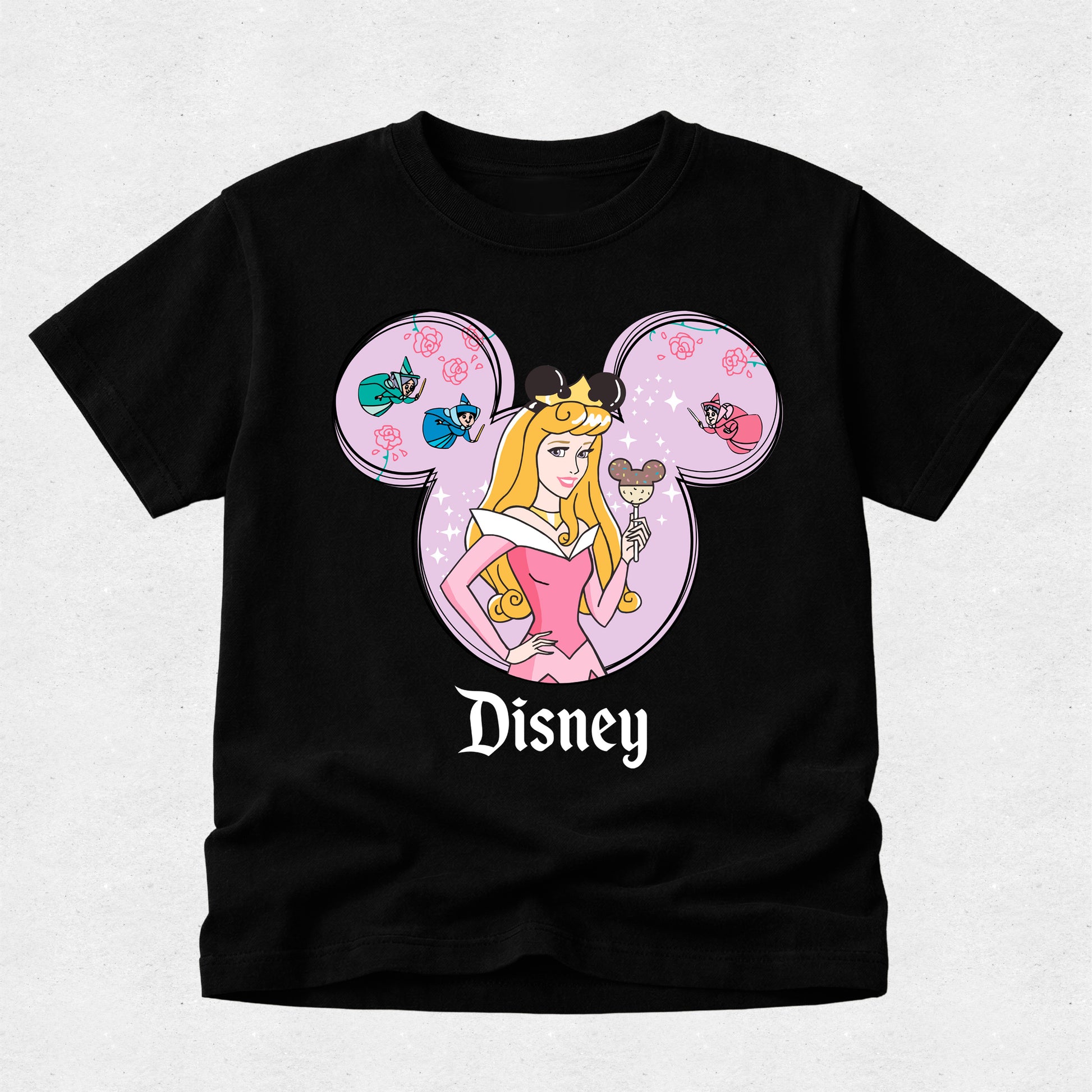 Black t-shirt with Disney character design on a light gray background