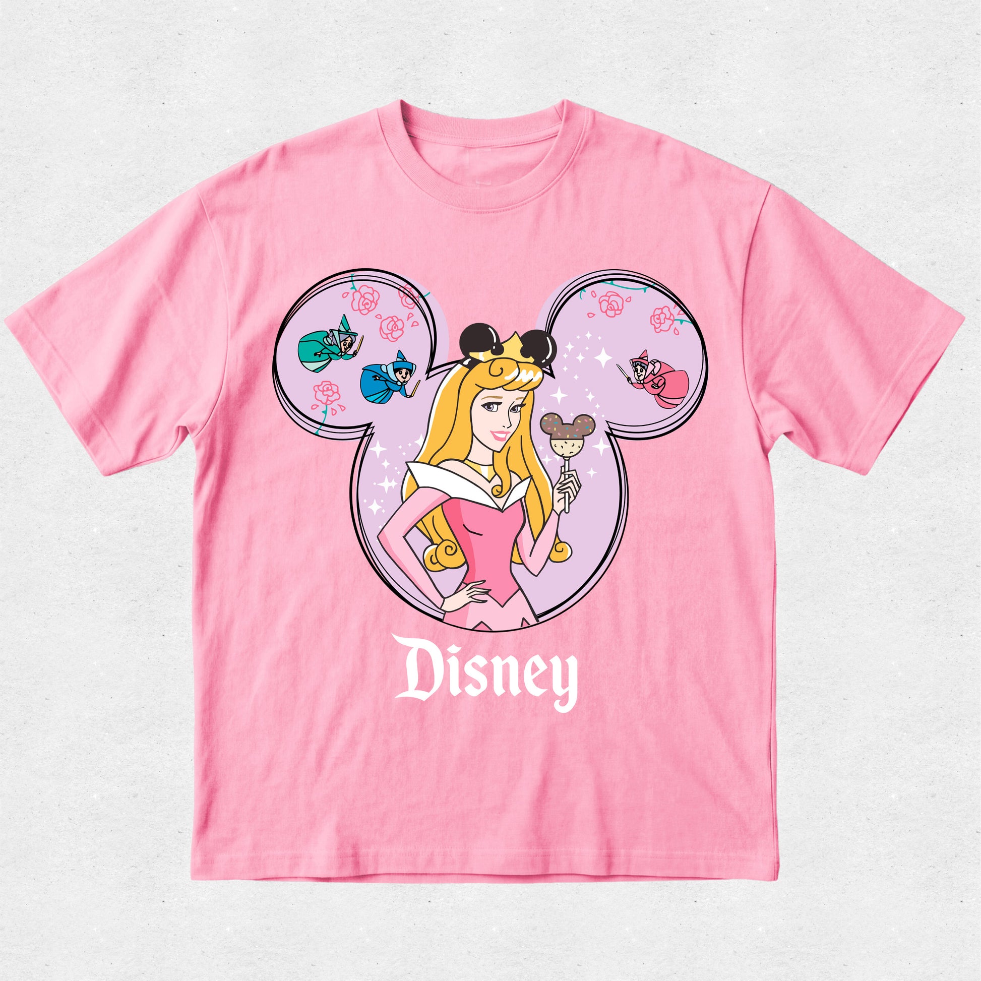 Pink t-shirt with Disney character design on a light gray background