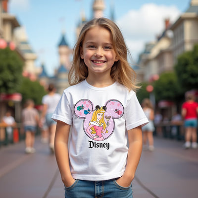 Young girl wearing a Disney t-shirt with a character design in a theme park setting