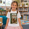 A young girl with braided hair stands in a children's bookstore wearing a white t-shirt with a large graphic print of the book cover 'The Australian Adventure' by Rachel Isaac. The background shows bookshelves filled with books and colorful classroom decor.