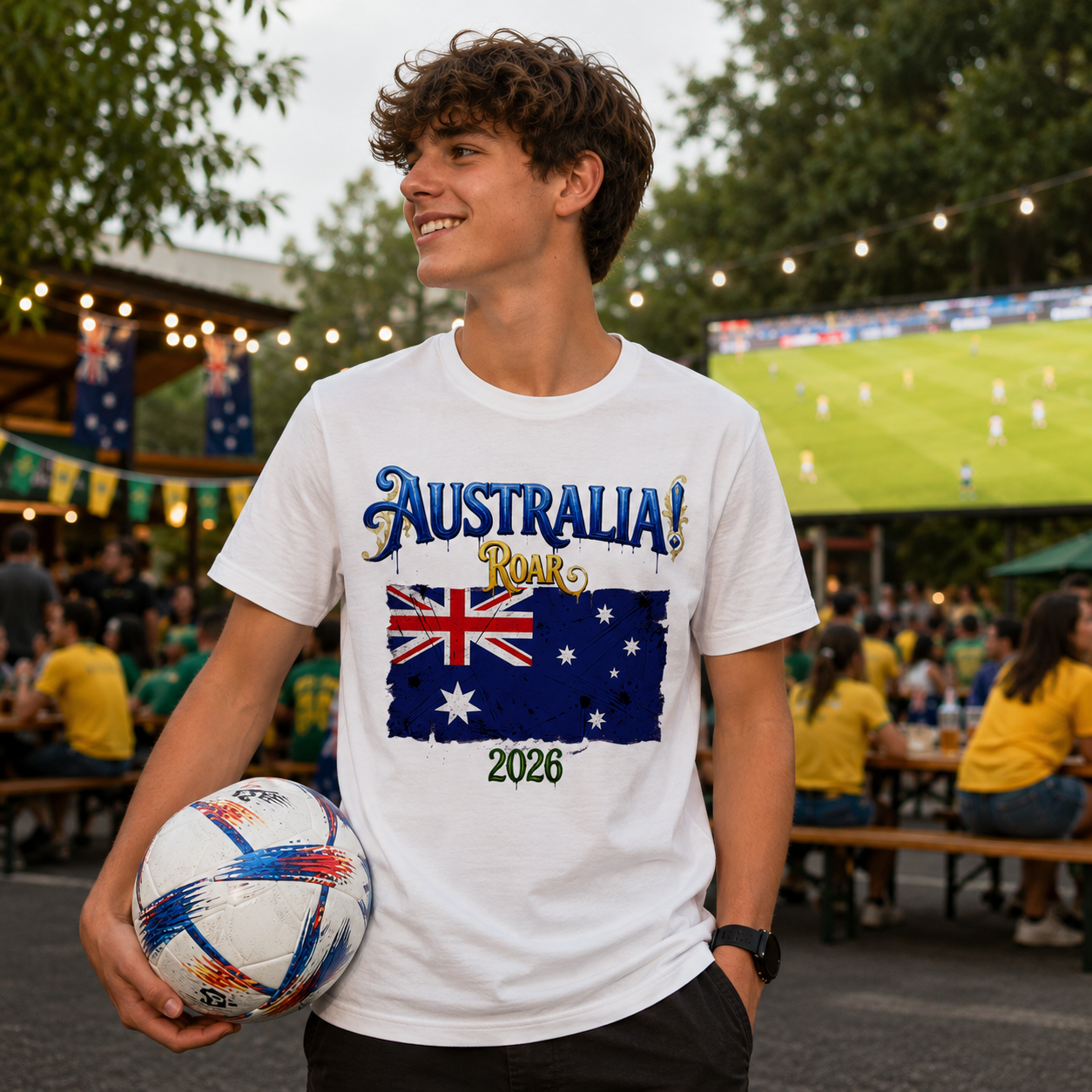 Person wearing a 'Australia Roar 2026' t-shirt holding a soccer ball in an outdoor setting.