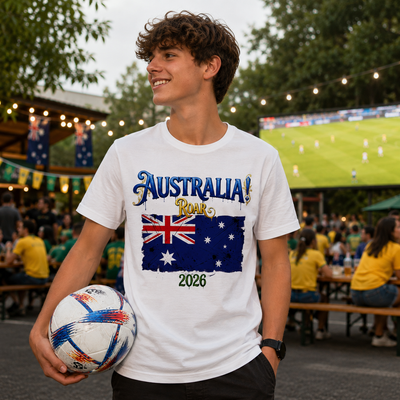 Person wearing a 'Australia Roar 2026' t-shirt holding a soccer ball in an outdoor setting.