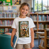 A young girl smiling in a library, wearing a white graphic t-shirt with a detailed illustration of 'The Australian Adventure Journal' cover and holding a blue book.