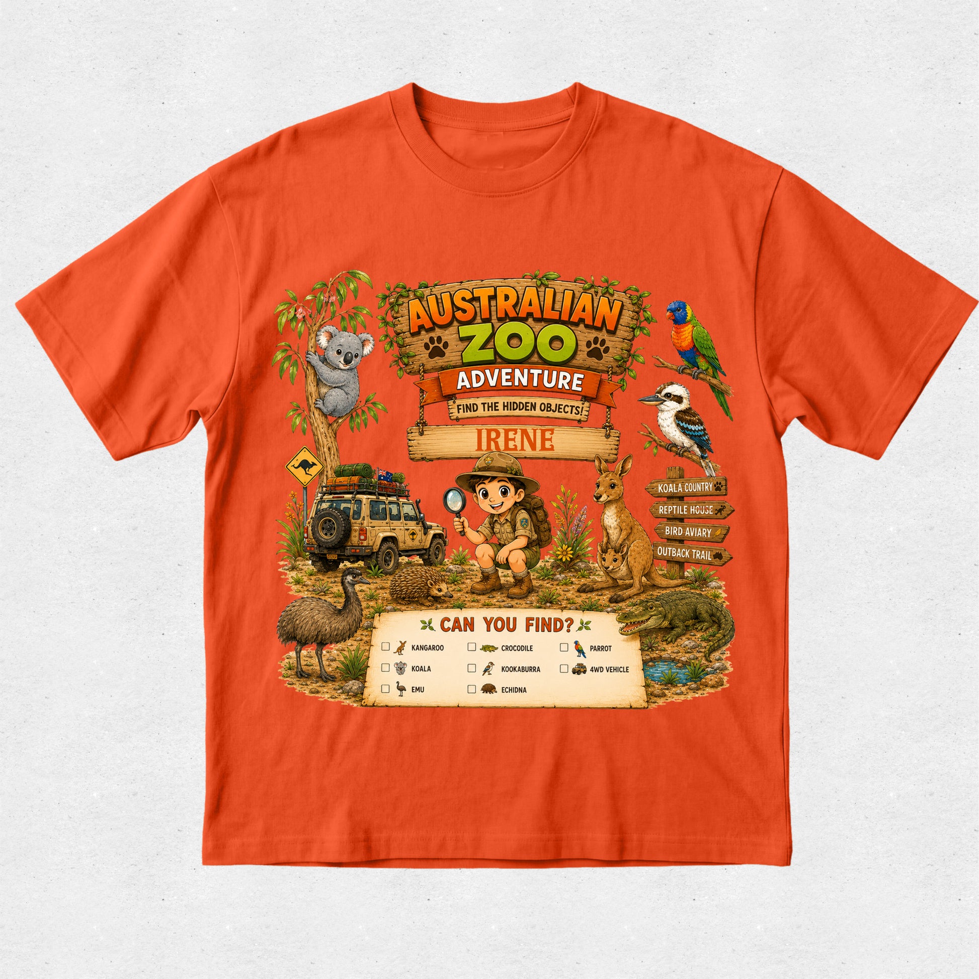 A bright orange short-sleeve t-shirt with a large, colorful 'Australian Zoo Adventure' graphic on the front, featuring cartoon animals and safari vehicles on a light gray textured background.