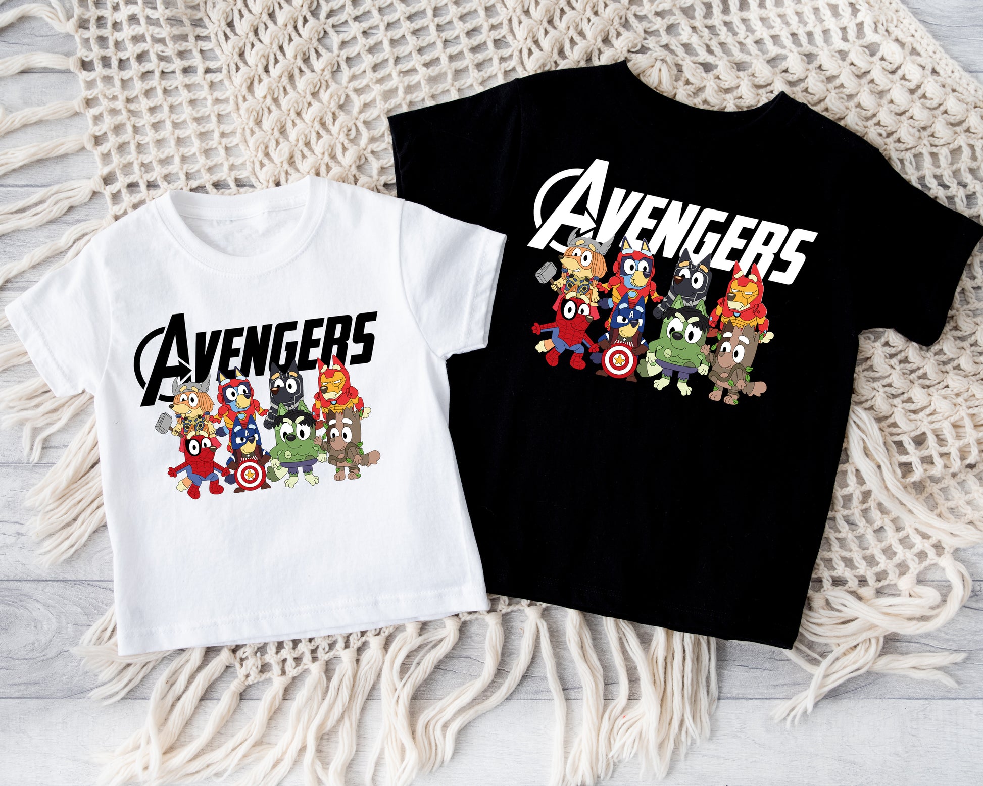 Bluey & Avengers Super Hero Squad tee – family matching superhero t-shirt