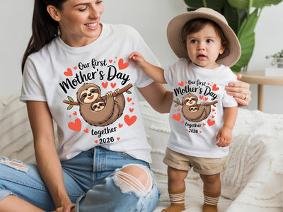 Woman and child wearing matching 'Our first Mother's Day together 2026' t-shirts with sloth graphics.